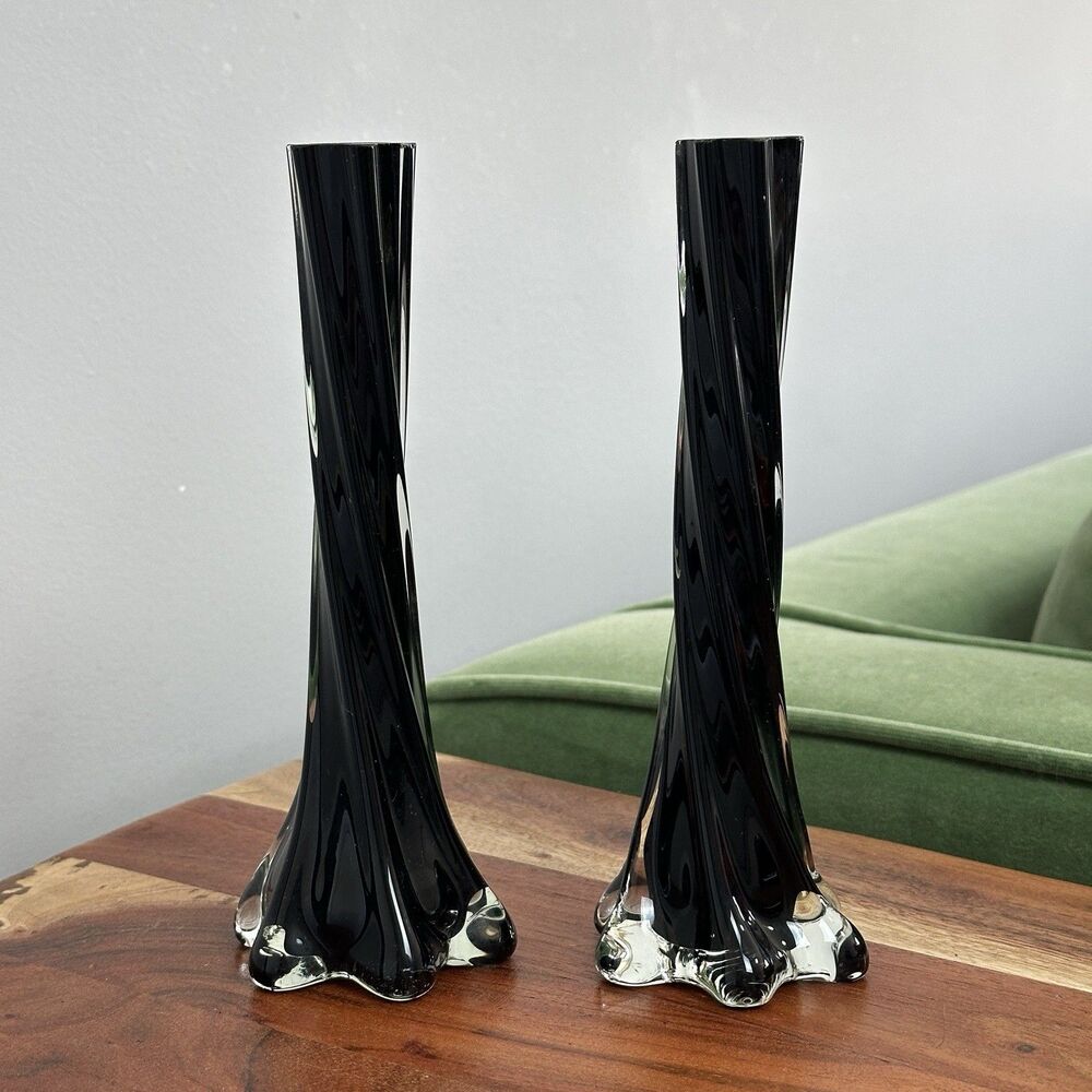 (2) Vtg Glass Black Amethyst Cased Twist Bud Vase MCM Modern Art Deco Minimalist